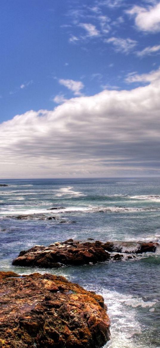 coast, sea, stones, clouds, sky, calm