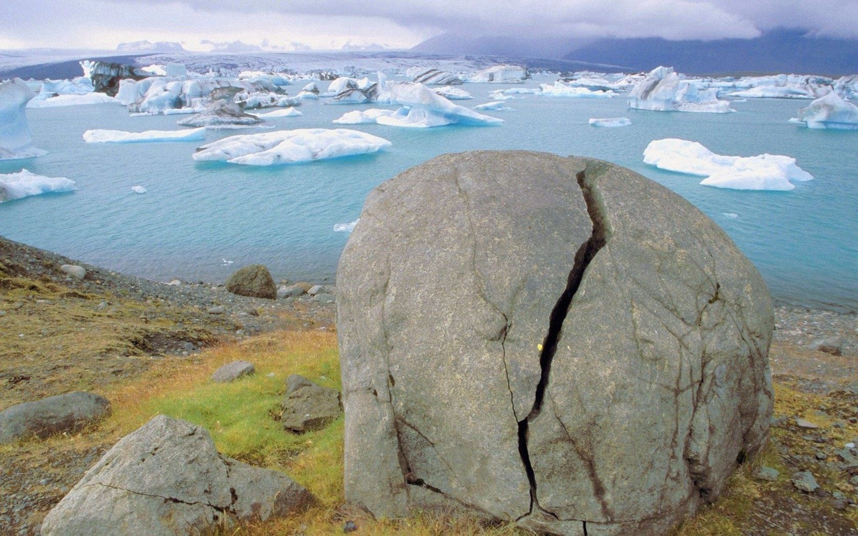 stone, crack, coast, glaciers, water, cold