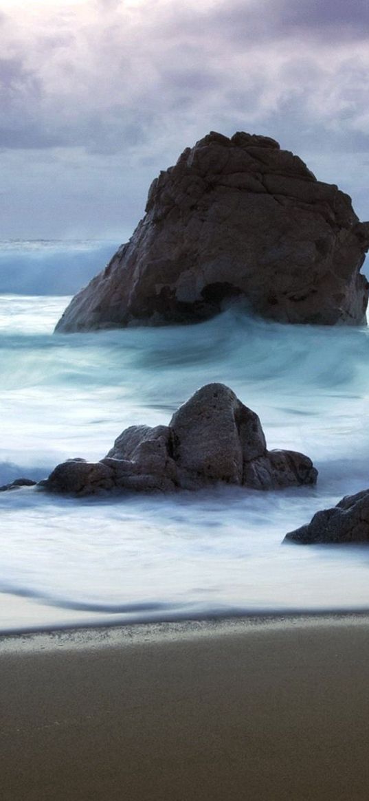 waves, sea, stones, storm, coast, sand, beach