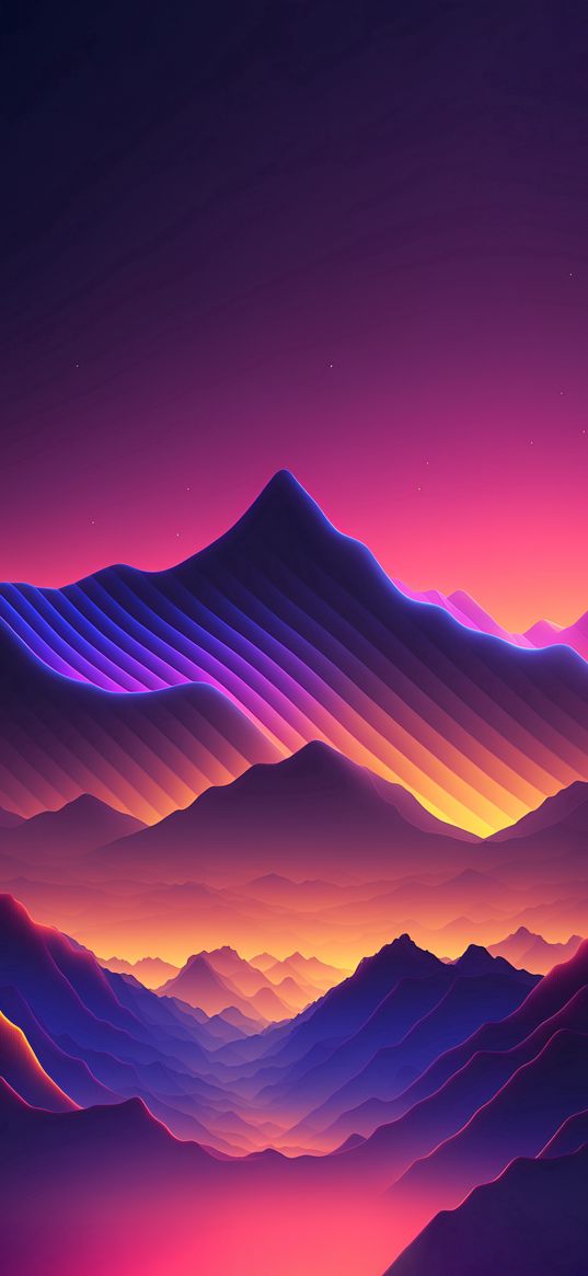 mountain, view, pink, blue