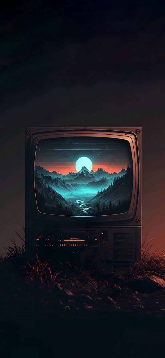 tv, television, teal, orange, dark, art