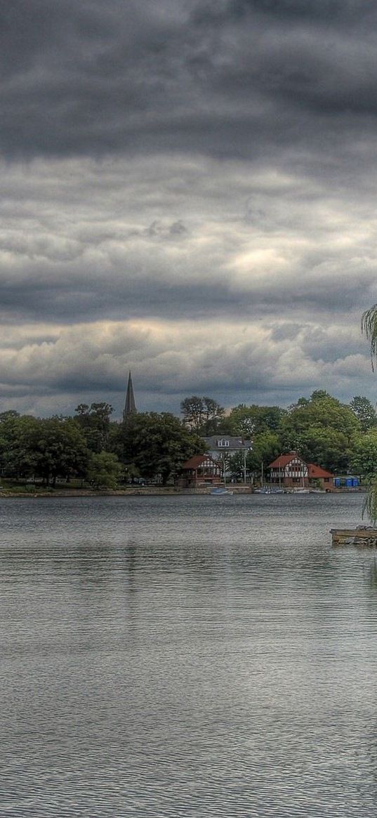 willow, trees, clouds, sky, coast