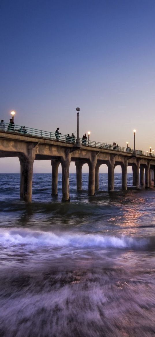 sea, pier, lanterns, people, waves