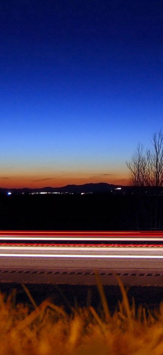 road, line, lines, grass, evening