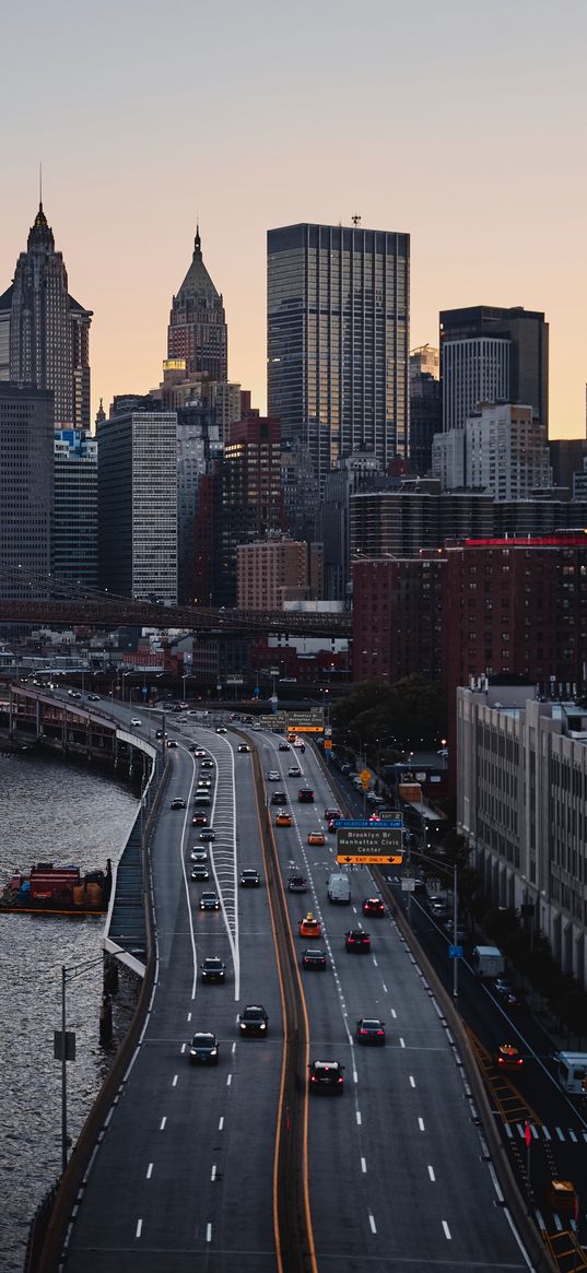 road, bridge, buildings, skyscrapers, city