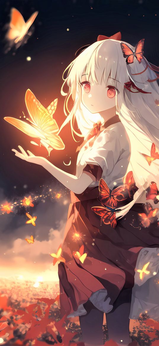 girl, butterflies, glow, anime