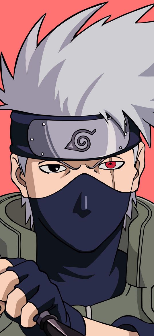 kakashi hatake, naruto, anime, ninja, guy, mask, bandage, dagger, pink background, art