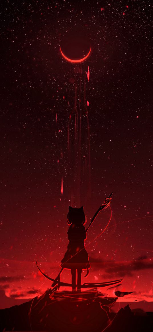 girl, scythe, magic, clouds, sky, moon, stars, night, red, fantasy, anime, art