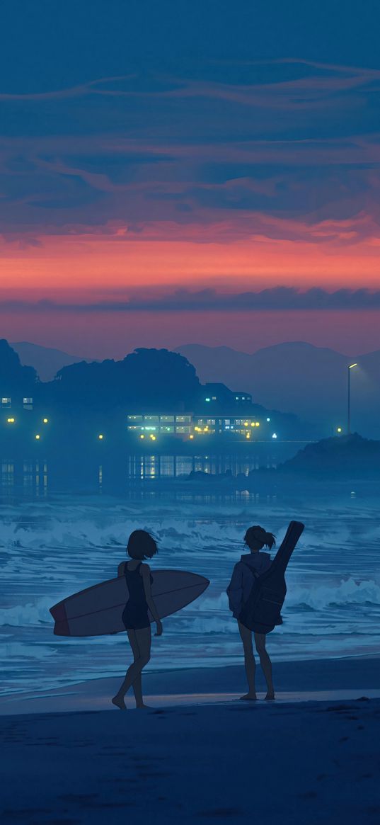 girls, guitar, surfing, beach, waves, sea, houses, city, lights, sunset, clouds, sky, anime, art