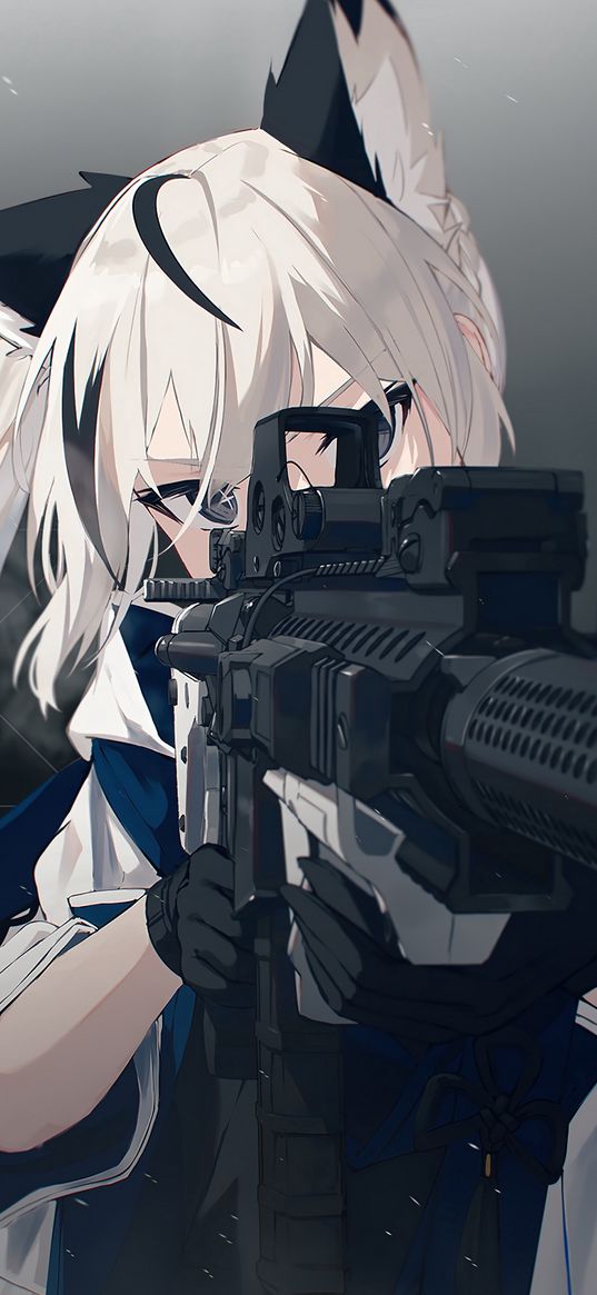 neko, girl, ears, rifle, weapon, gray background, anime, art