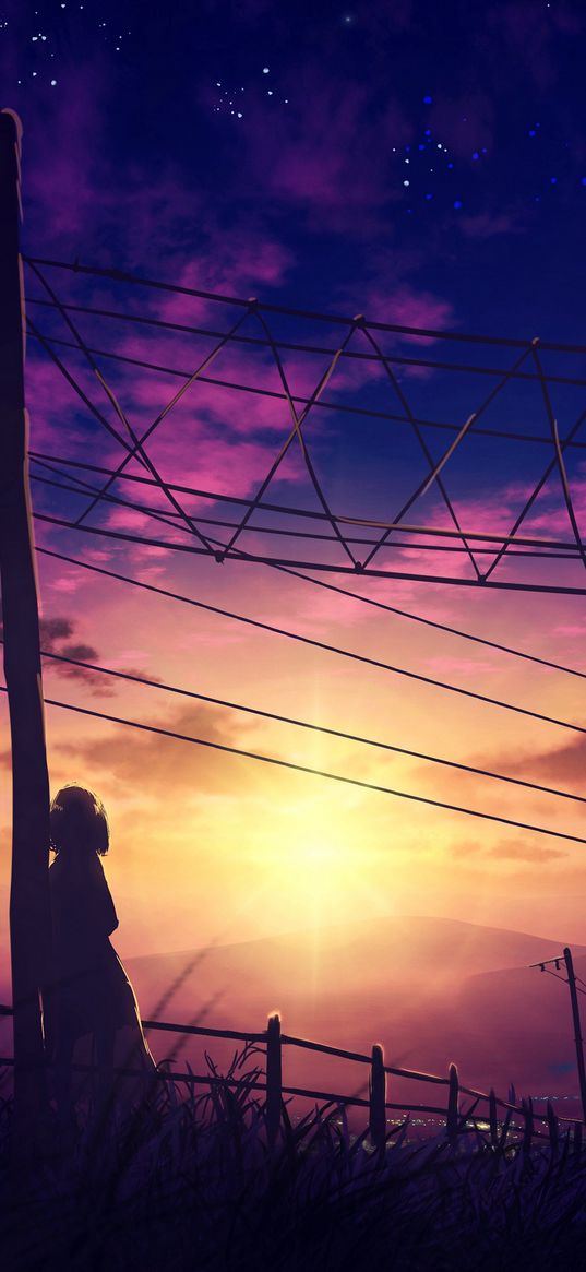 girl, city, lights, poles, wires, power lines, sunset, clouds, sky, stars, anime, art