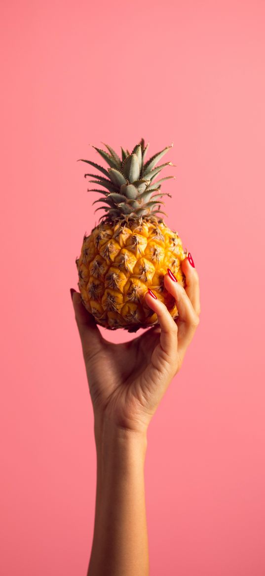 pineapple, fruit, hand, pink background