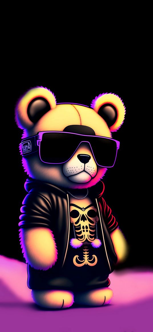 bear, glasses, skeleton, neon, art