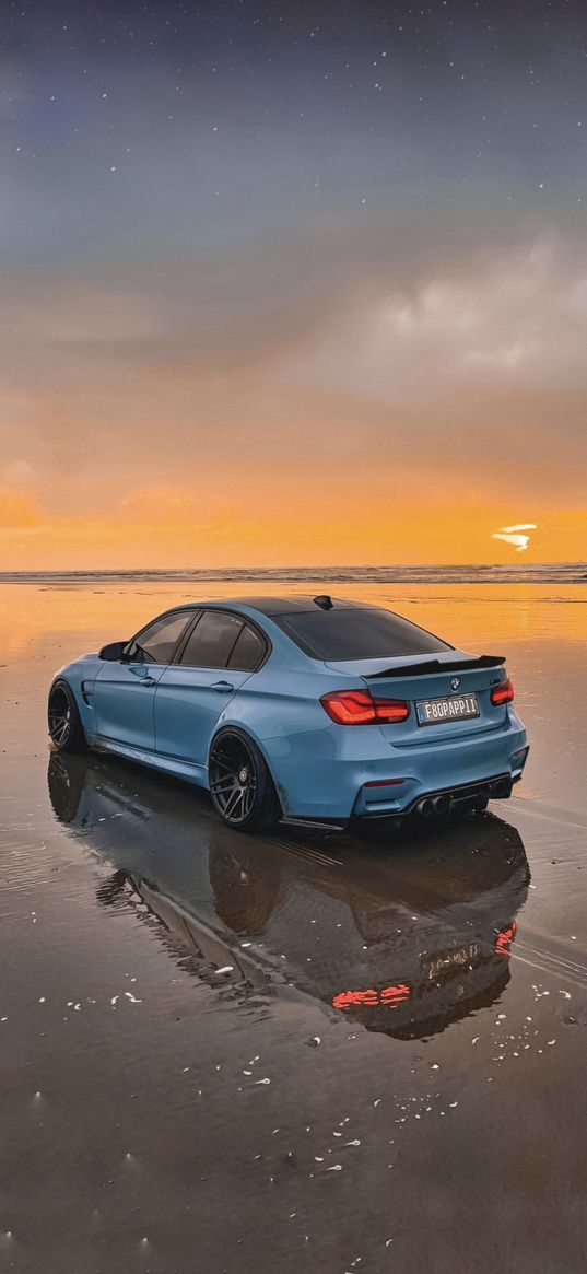 bmw m3, bmw, sports car, car, blue, beach, sea, sunset, clouds, sky, stars