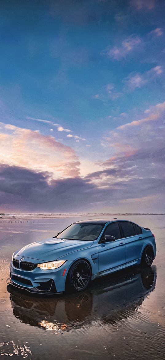 bmw m3, bmw, sports car, car, blue, beach, sea, clouds, sky