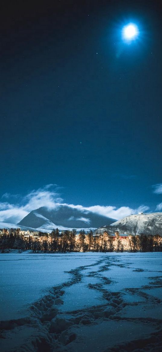 footprints, field, snow, winter, trees, houses, village, lights, mountains, clouds, sky, moon, night, landscape, nature