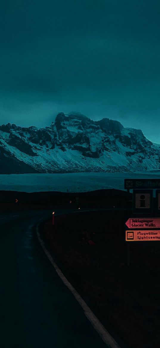 road, road signs, mountains, snow, winter, clouds, sky, landscape, nature