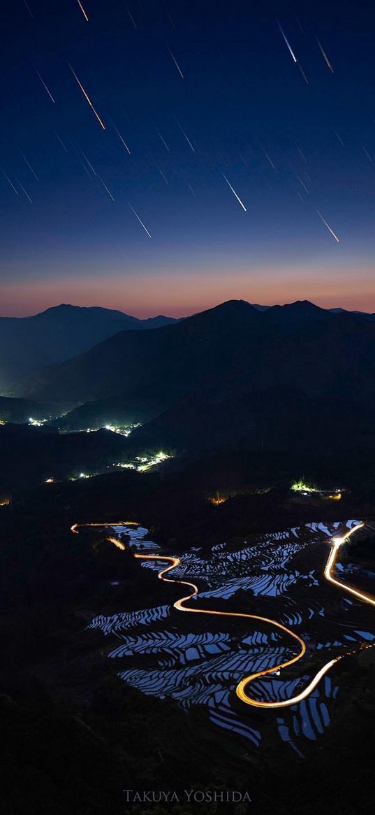 road, lights, timelapse, mountains, sunset, comets, sky, landscape, night, nature