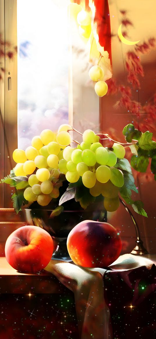 fruit, vase, peaches, grapes, window, still life