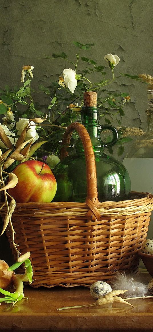 still life, apples, basket, eggs