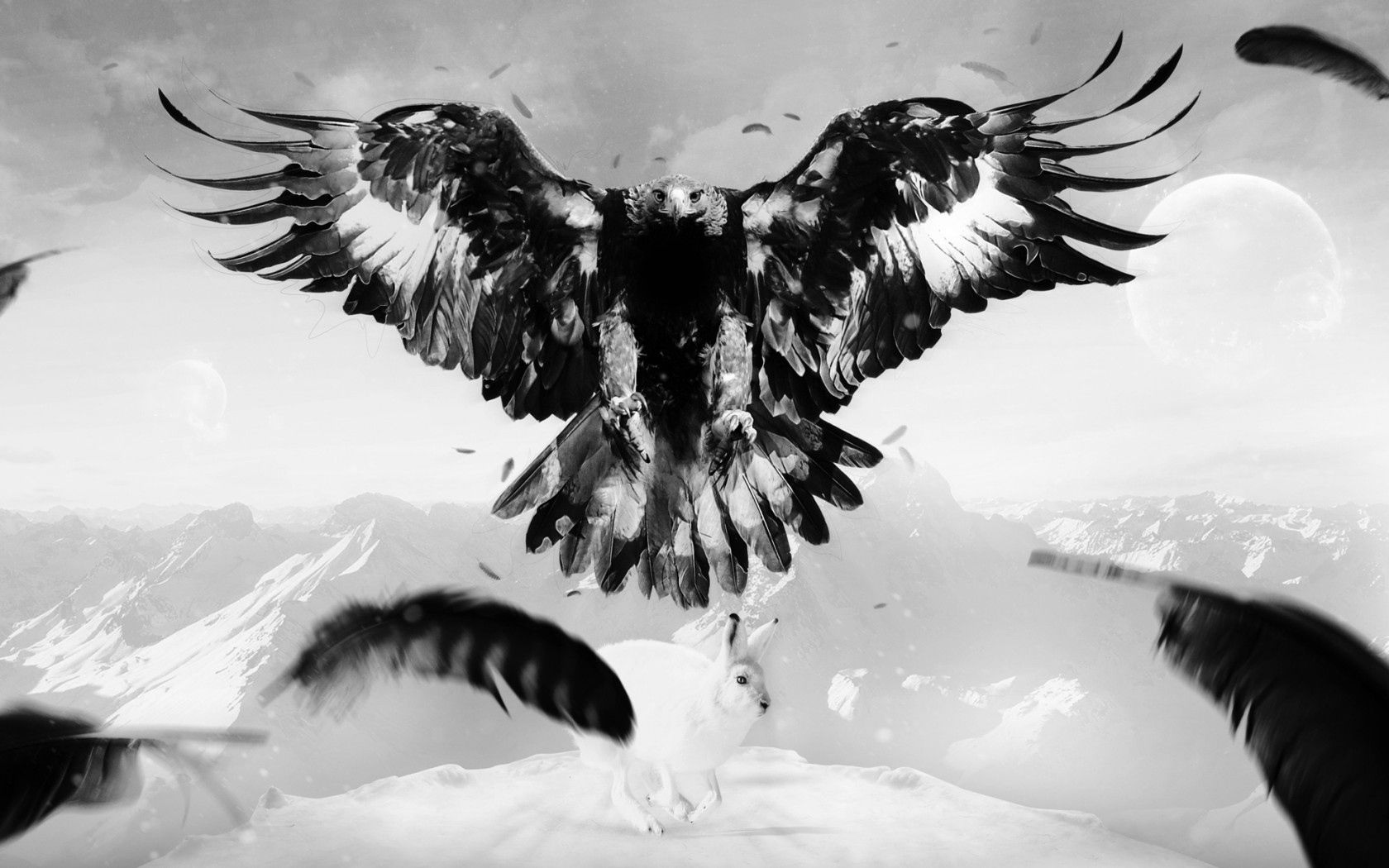 eagle, hare, art, bird, feathers, mountains