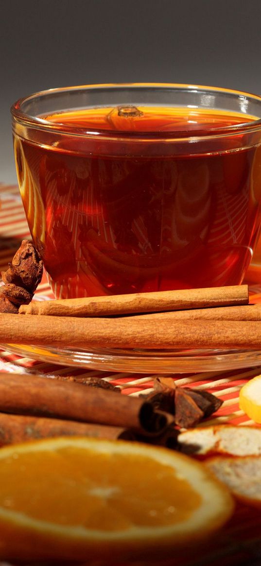 oranges, cinnamon, tea, cup