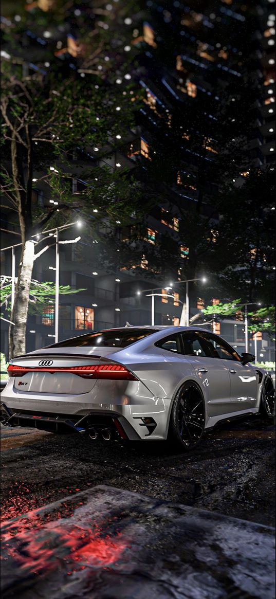 audi, car, city, road, night, shine, gray