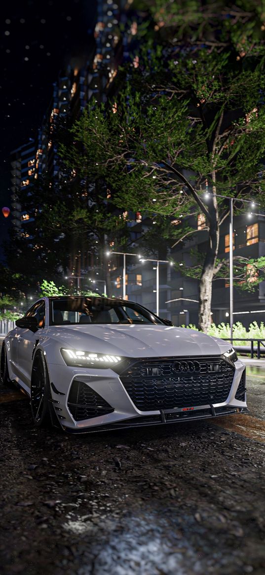 audi, car, city, tree, night, white