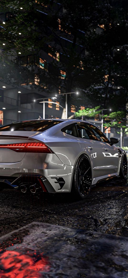 audi, car, city, glare, night, lights, white