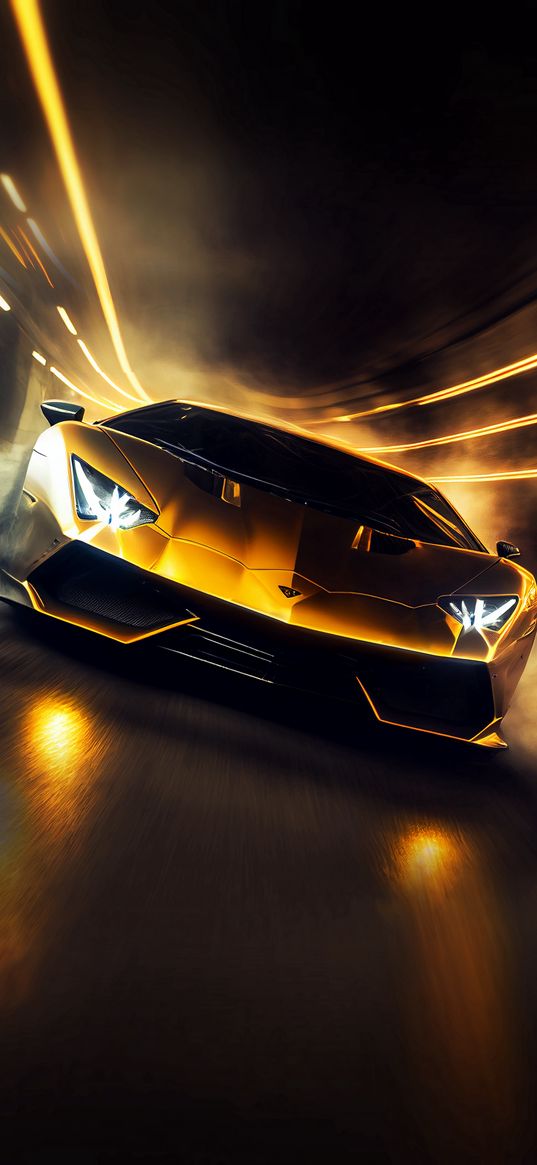 lamborghini, car, yellow, gold, light