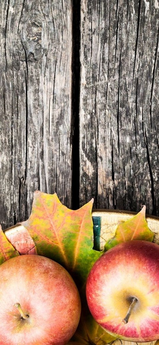 table, apple, leaves