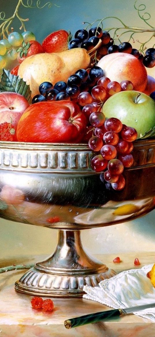 apples, vase, fruit, pomegranate, grapes