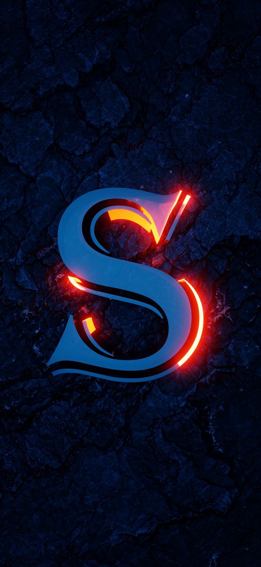 s, letter, fire, dark background, texture