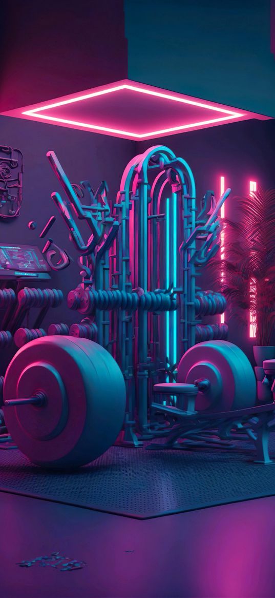 exercise equipment, gym, neon, art