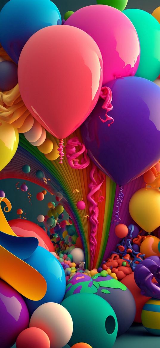 balloons, rainbow, ribbons, decorations, holiday, art