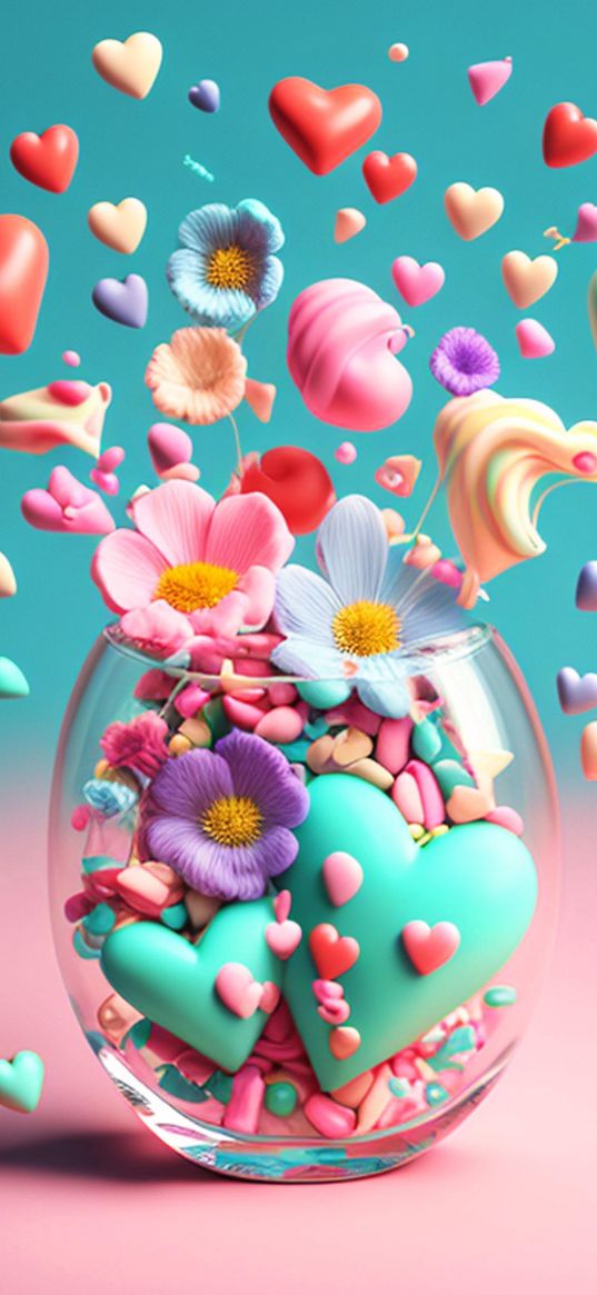 vase, flowers, pebbles, hearts, petals, composition, art