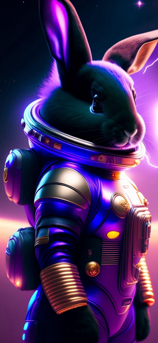 rabbit, animal, black, spacesuit, lightning, neon, art