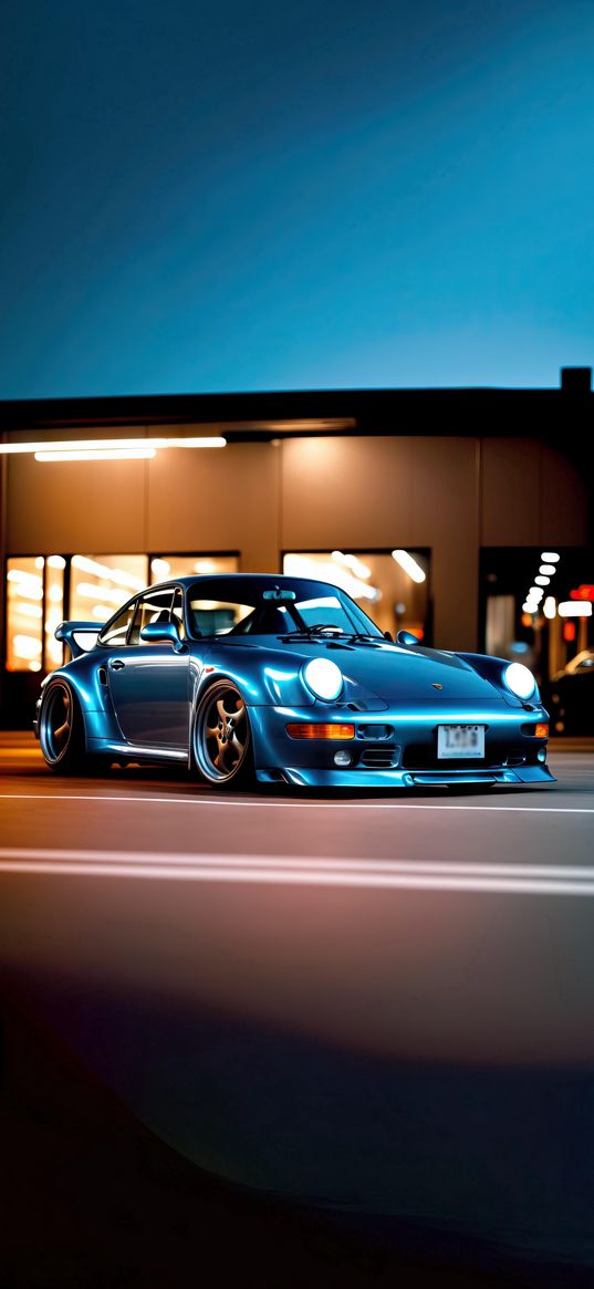 porsche 911, porsche, car, blue, road, night, art