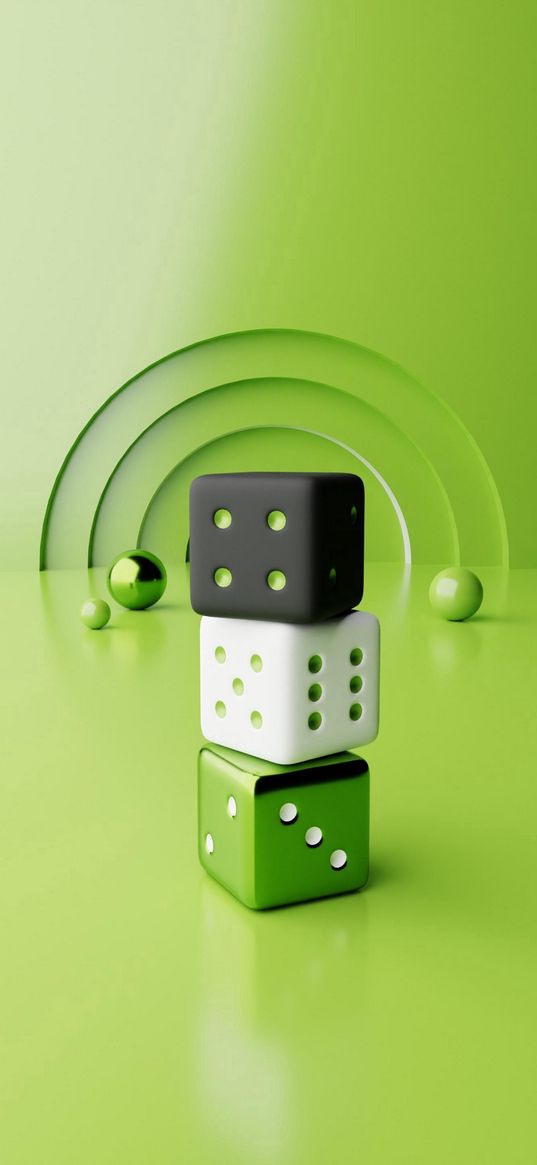 cubes, dice, green background, art