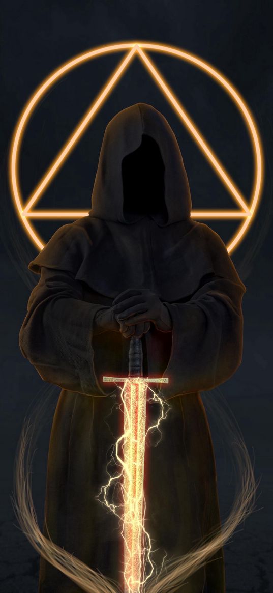 man, cloak, hood, sword, weapon, light, geometry, art