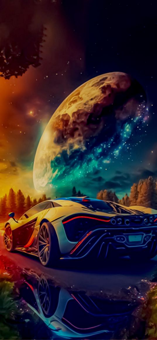 mclaren, car, road, trees, sky, planet, art