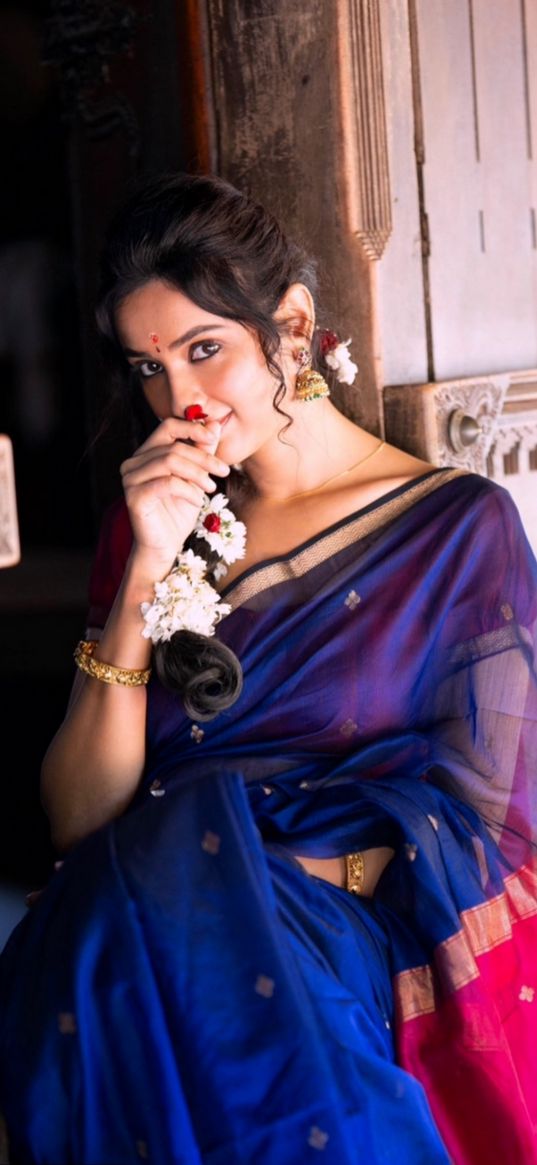 riya suman, actress, girl, bindi, flowers, dress, sweetheart, bollywood, india