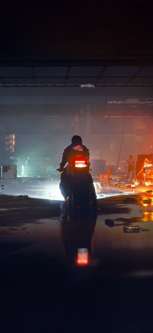 cyberpunk 2077, game, biker, bike, motorcycle, people, slums, night, digital art