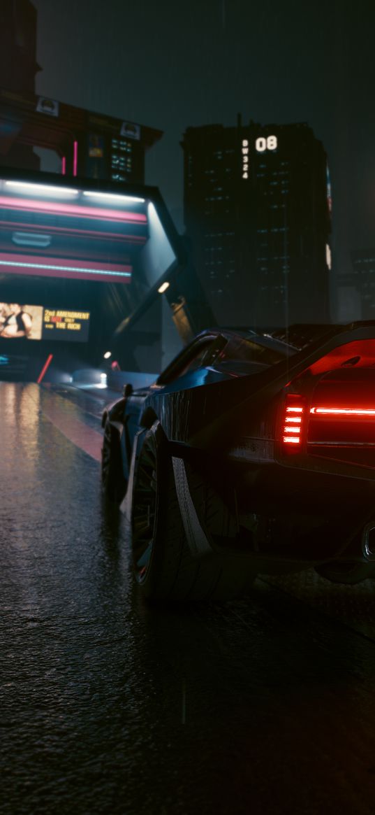 cyberpunk 2077, game, sports car, car, black, headlights, road, street, city, neon, night, digital art