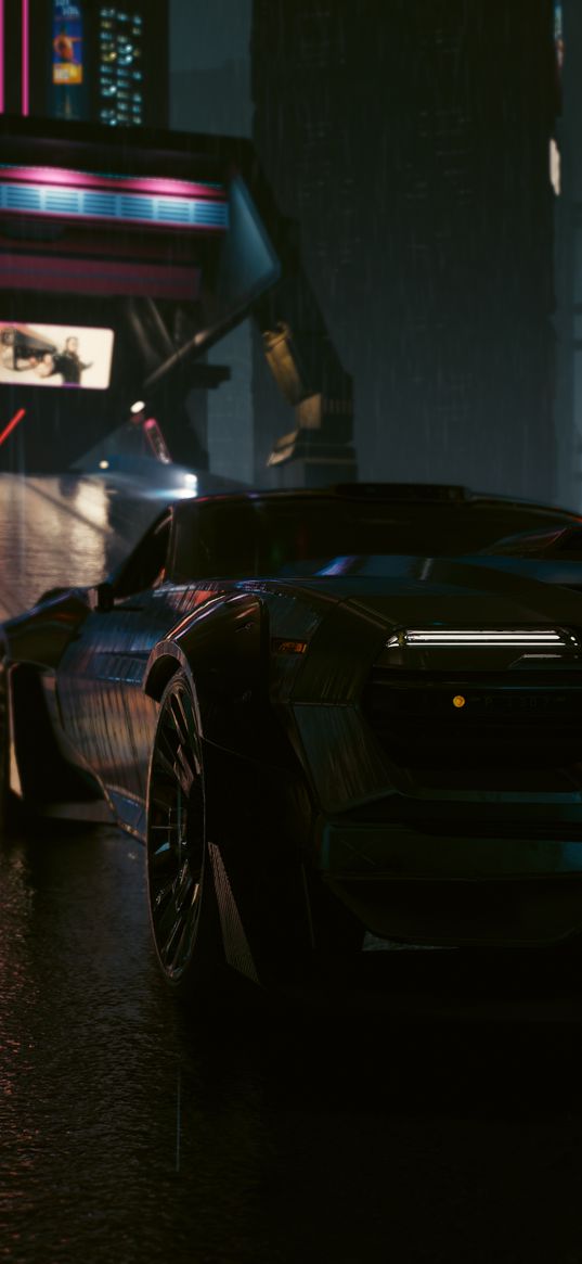 cyberpunk 2077, game, sports car, car, black, road, street, city, neon, rain, night, digital art