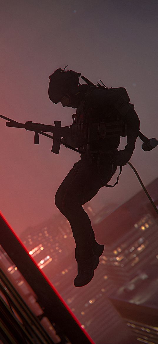 call of duty, game, soldier, special forces, weapons, rope, skyscrapers, city, night, digital art