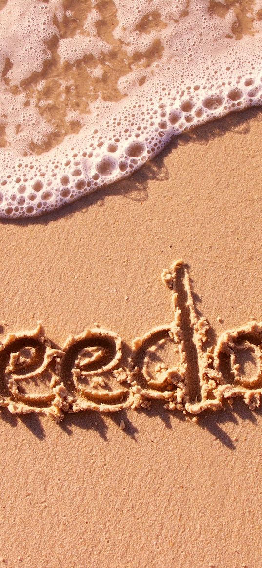 sand, inscription, freedom, beach, foam, water