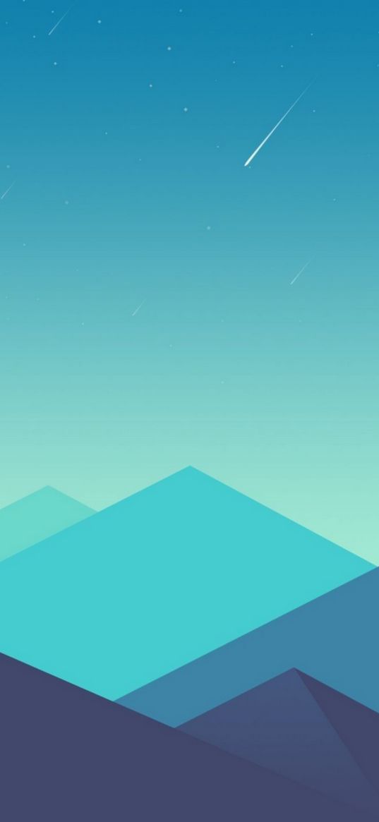 mountains, comets, stars, minimalism, art, blue