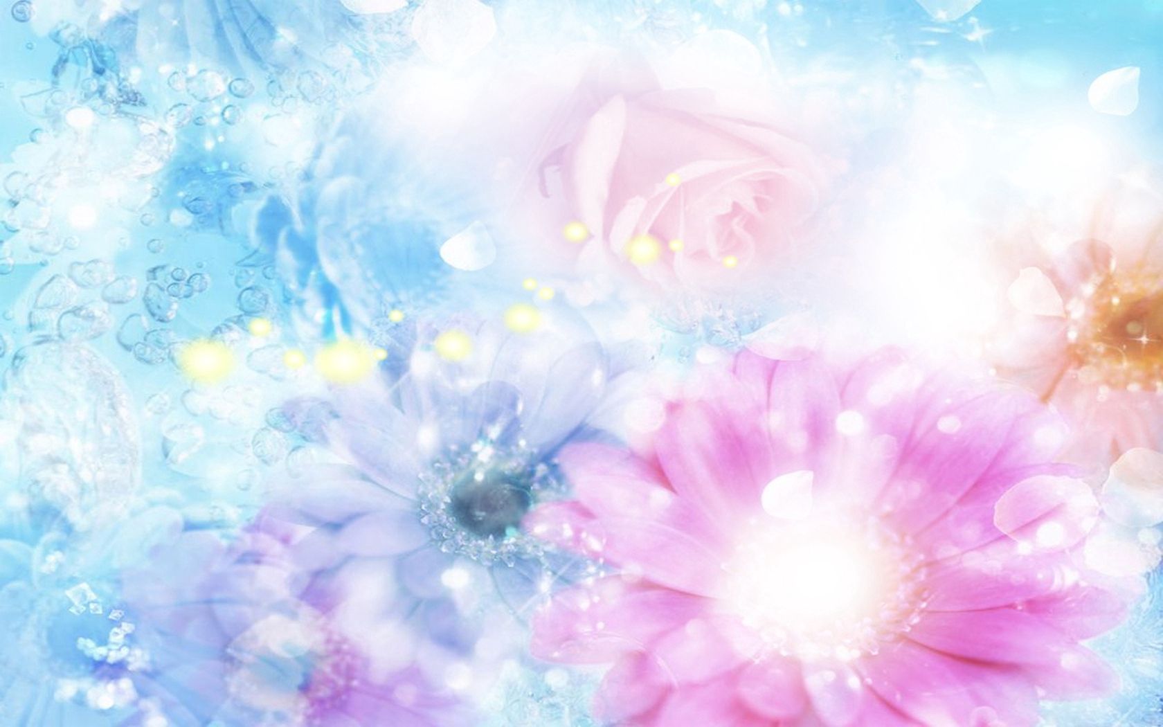 pink, blue, flowers, blurred, background, effects