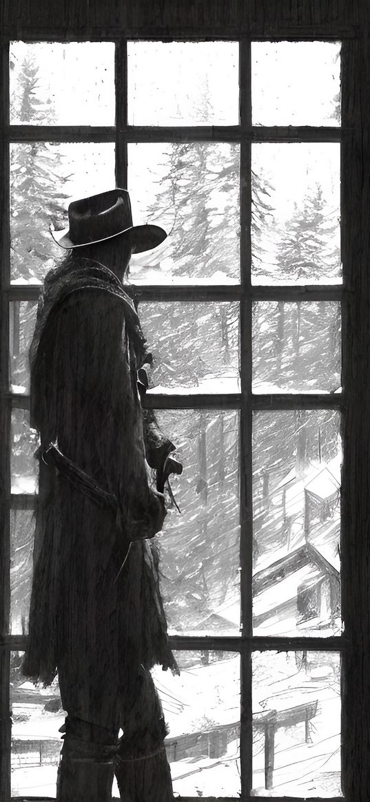 man, cowboy, window, winter, painting, drawing, black and white